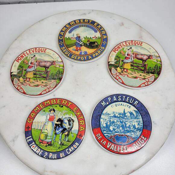 Mikasa Fromage WC301 Coasters Set of 5 French Cheese Label Ceramic Cork Back - Picture 1 of 16